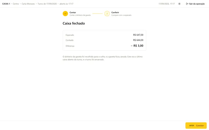 Conferência do caixa, com o contado e o esperado lado a lado