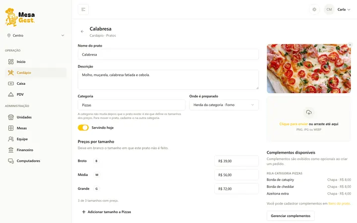 Cadastro de um prato com foto, tamanhos e complementos